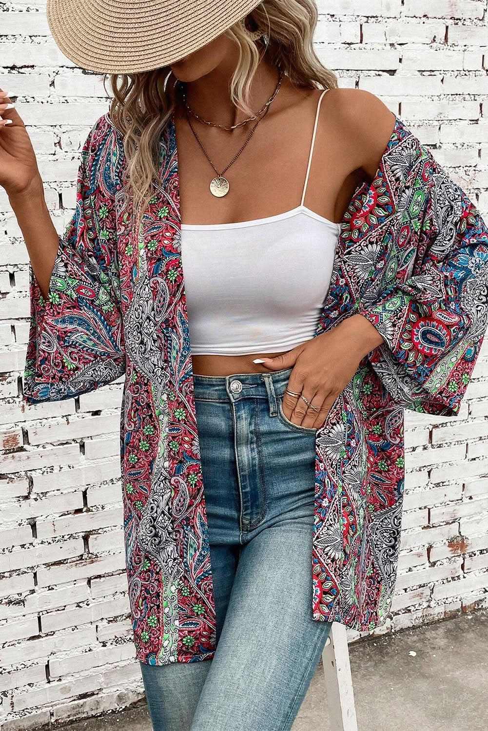 Chic red paisley kimono – stylish layering - Love Salve